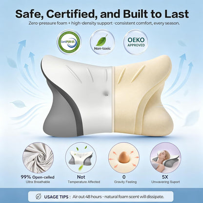 Pain Relief Cervical Neck Pillow, Ergonomic Contour | Q-Max Cooling | Non-Temperature Memory Foam | Side/Back/Stomach Sleeper Support for Sleeping, Reading, Scrolling,(White&Grey)