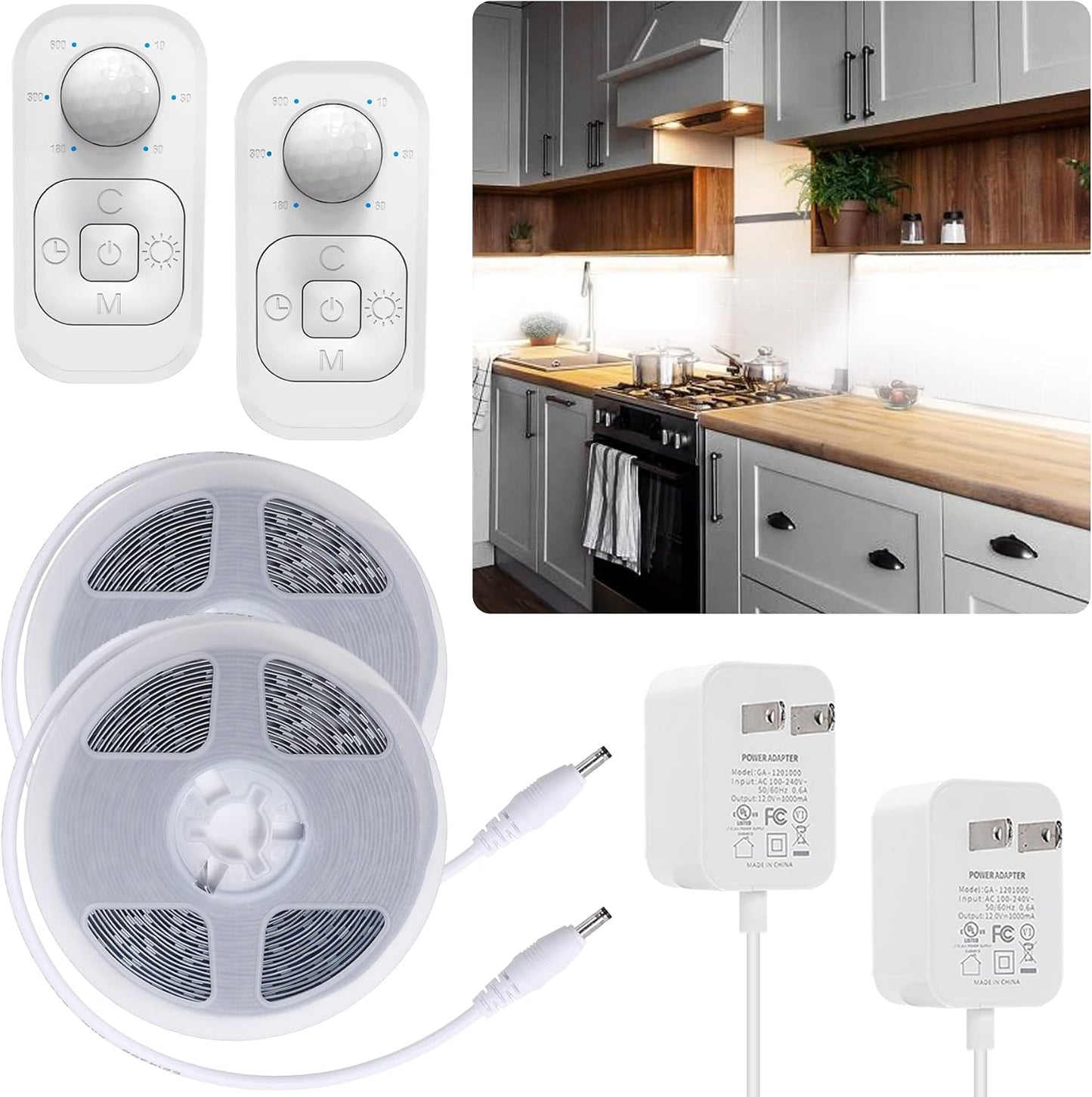 Motion Sensor Under Cabinet Lights - Plug-in LED Strip Lights Indoor with Power Adapter, Dimmer and Timer for Kitchen Cabinet, Counter, Shelf, Showcase, Stairway, Bedroom, Corridor, Washroom