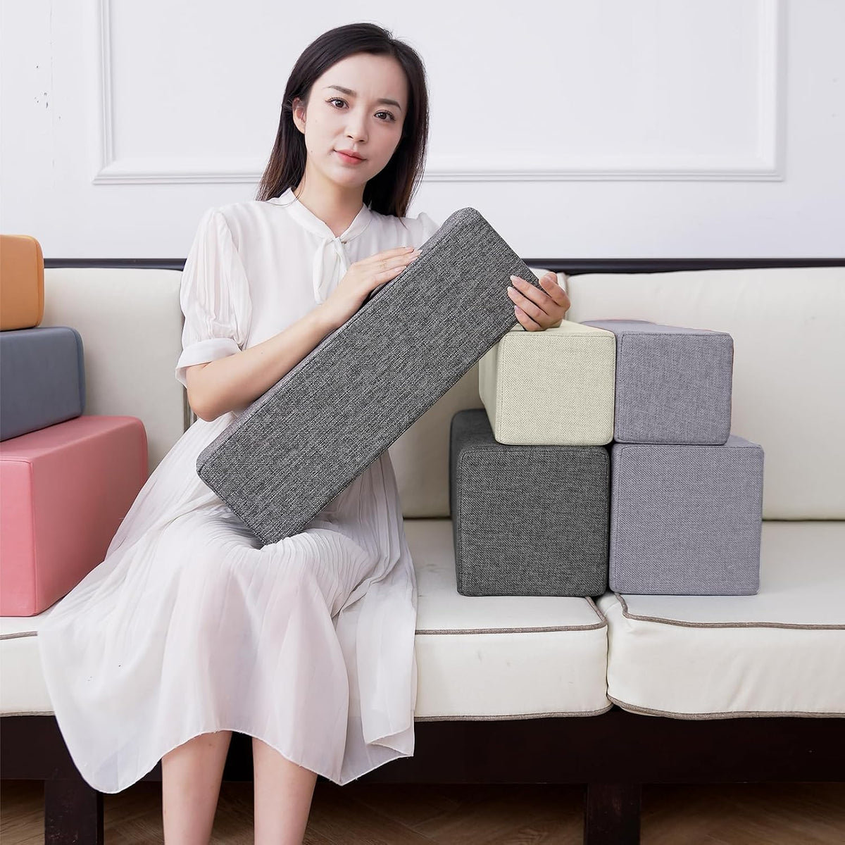 2 Pack Couch Arm Rest Pillow, 6''x6''x20'' Faux Leather Waterproof Cover, High Density Foam Armrest Cushion, Removable & Washable Elbow Support for Sofa, Bed, and Armchair (Medium Grey)