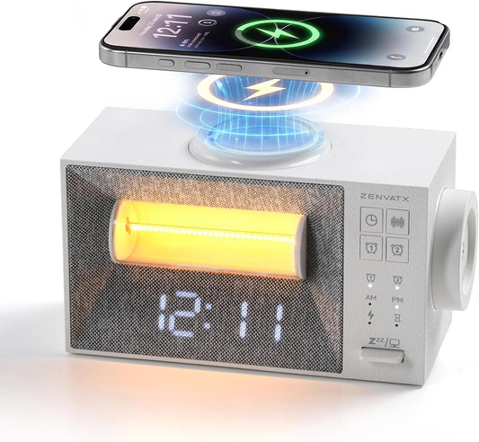 Sound Machine Alarm Clock with Wireless Charger for Bedroom, Hotel | Dual Alarm Clock with Snooze, White Noise Machine for Sleep with 20 Soothing Sound, Gentle Sunrise Wake Up Light, Night Light