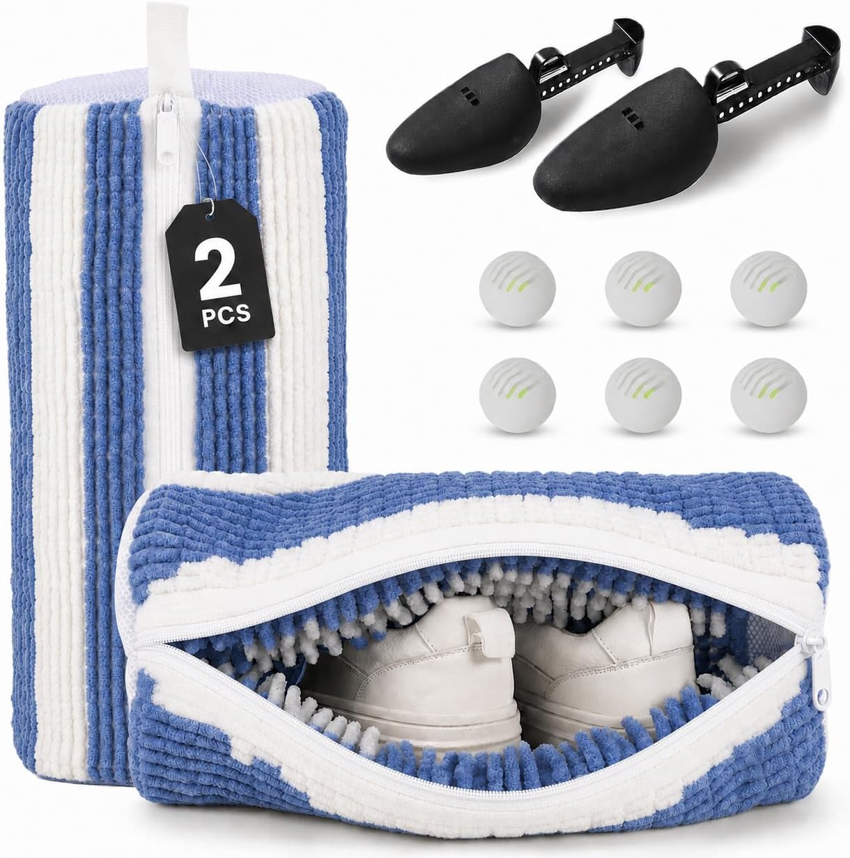 Kalitease Shoe Washing Bag – 2Pcs Reusable Shoe Laundry Bags for Sneakers, 360° Deep Cleaning, Secure Lock Sneaker Washing Machine Bag with 6 Deodorizer Balls & Shoe Trees (white)