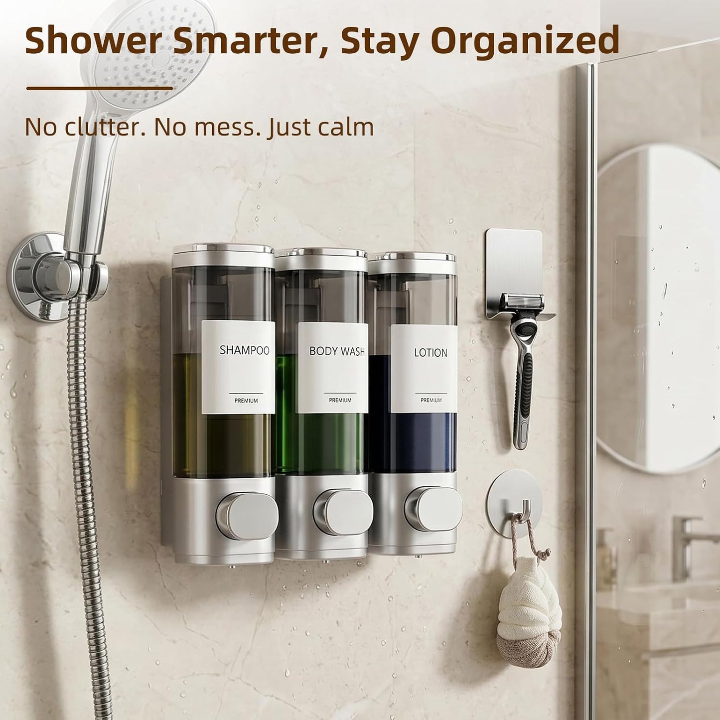 GMISUN Shower Soap Dispenser Wall Mounted with Razor Holder & Loofah Hook, No Drill Design Shampoo and Conditioner Dispenser, Plastic Shower Soap Dispenser Bottles with Labels Set of 3,Satin Silver