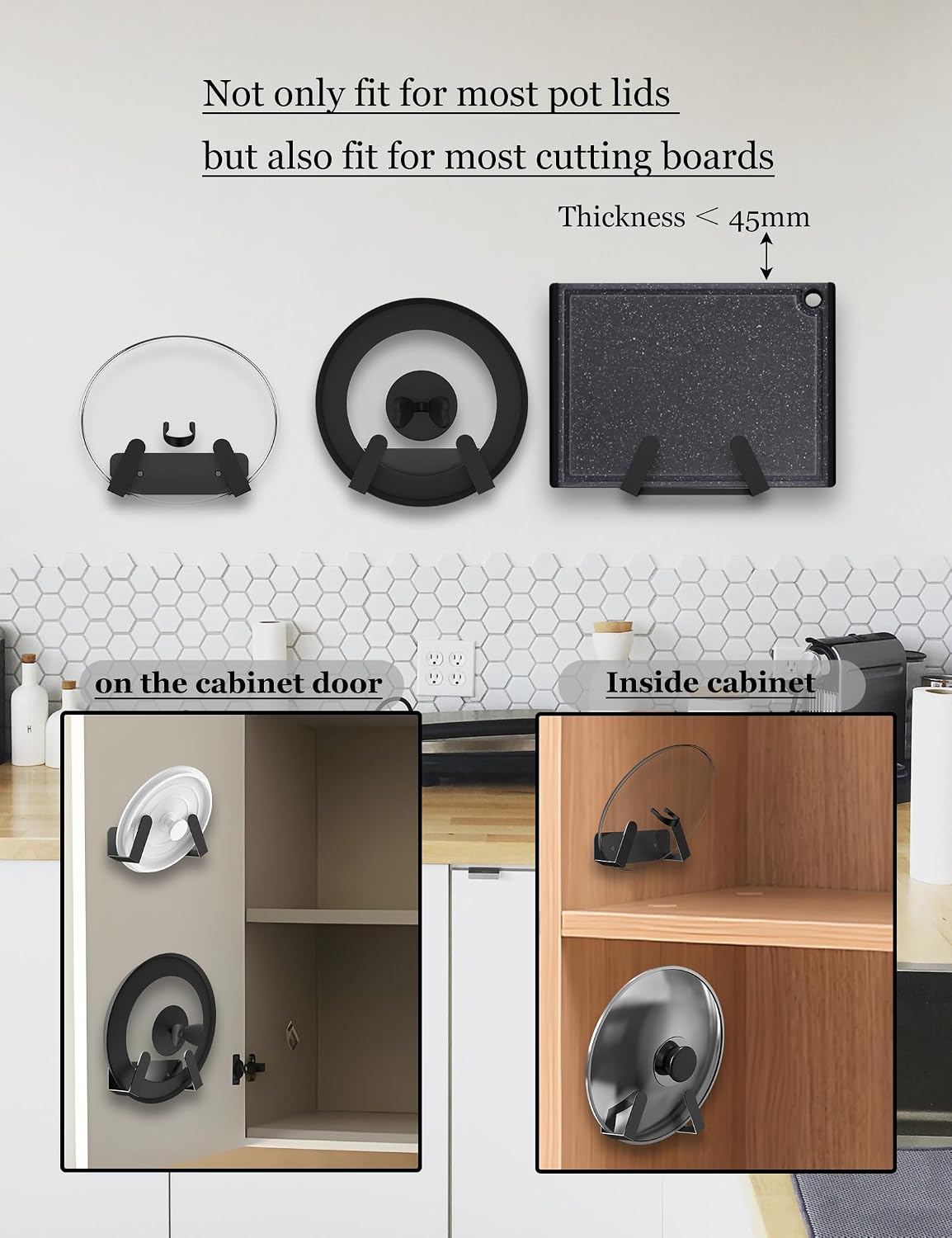 Pot Lid Organizer, 2 Pack Lid Holders Inside Cabinet, (Black) | Pot Lid Storage Wall Mount Rack, Pan Lid Organizer Fit for Cutting Board Wall Mount Lid Holder Fixed by Adhesive or Screw