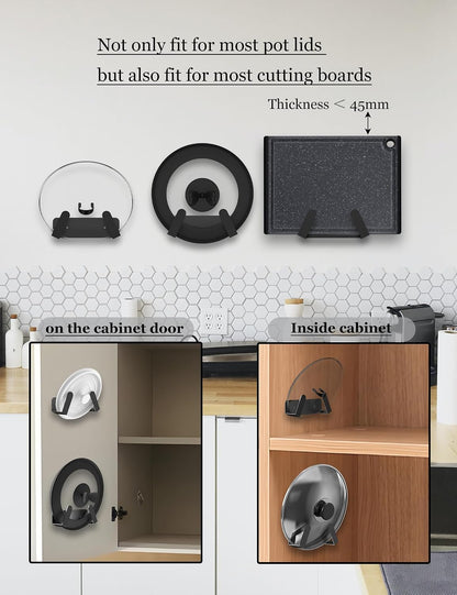 Pot Lid Organizer, 2 Pack Lid Holders Inside Cabinet, (Black) | Pot Lid Storage Wall Mount Rack, Pan Lid Organizer Fit for Cutting Board Wall Mount Lid Holder Fixed by Adhesive or Screw