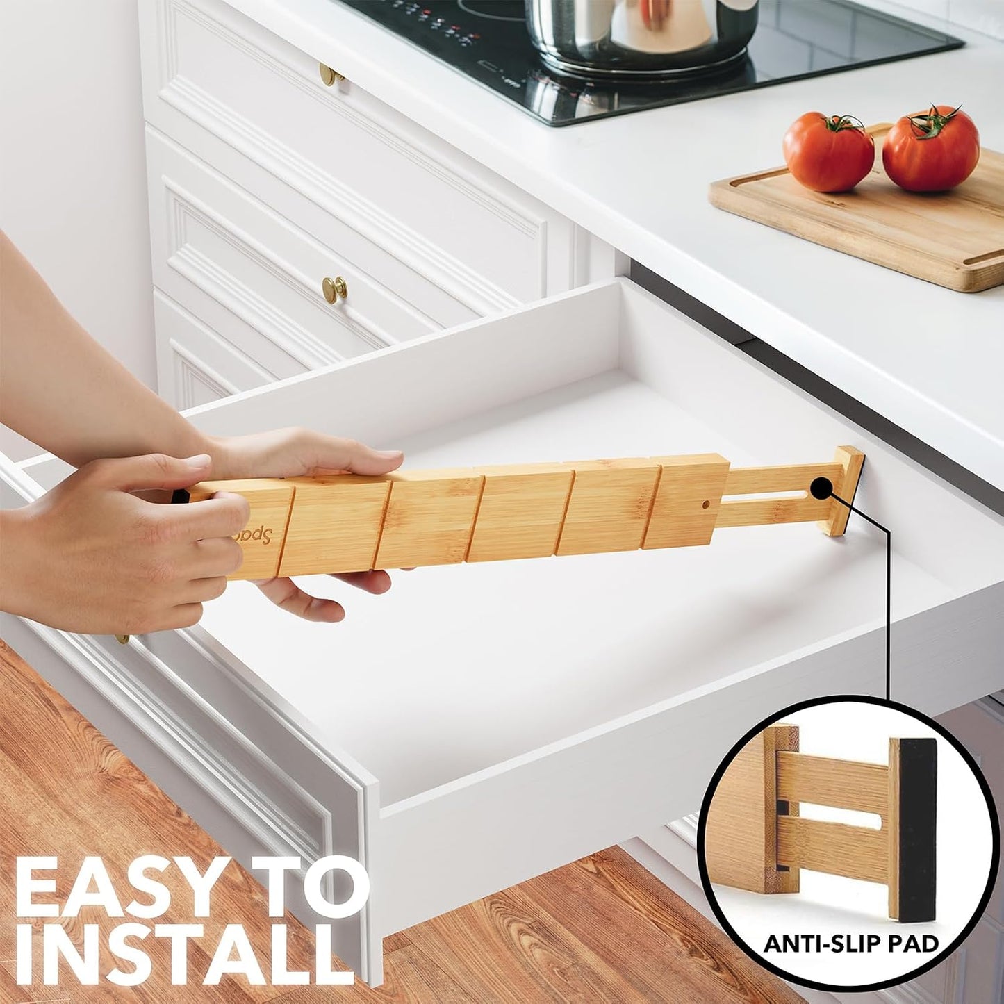 SpaceAid Bamboo Drawer Dividers with Inserts and Labels, Kitchen Adjustable Drawer Organizers, Expandable Organization for Home, Office, Dressers, 4 Dividers with 9 Inserts (17"-22" Natural)