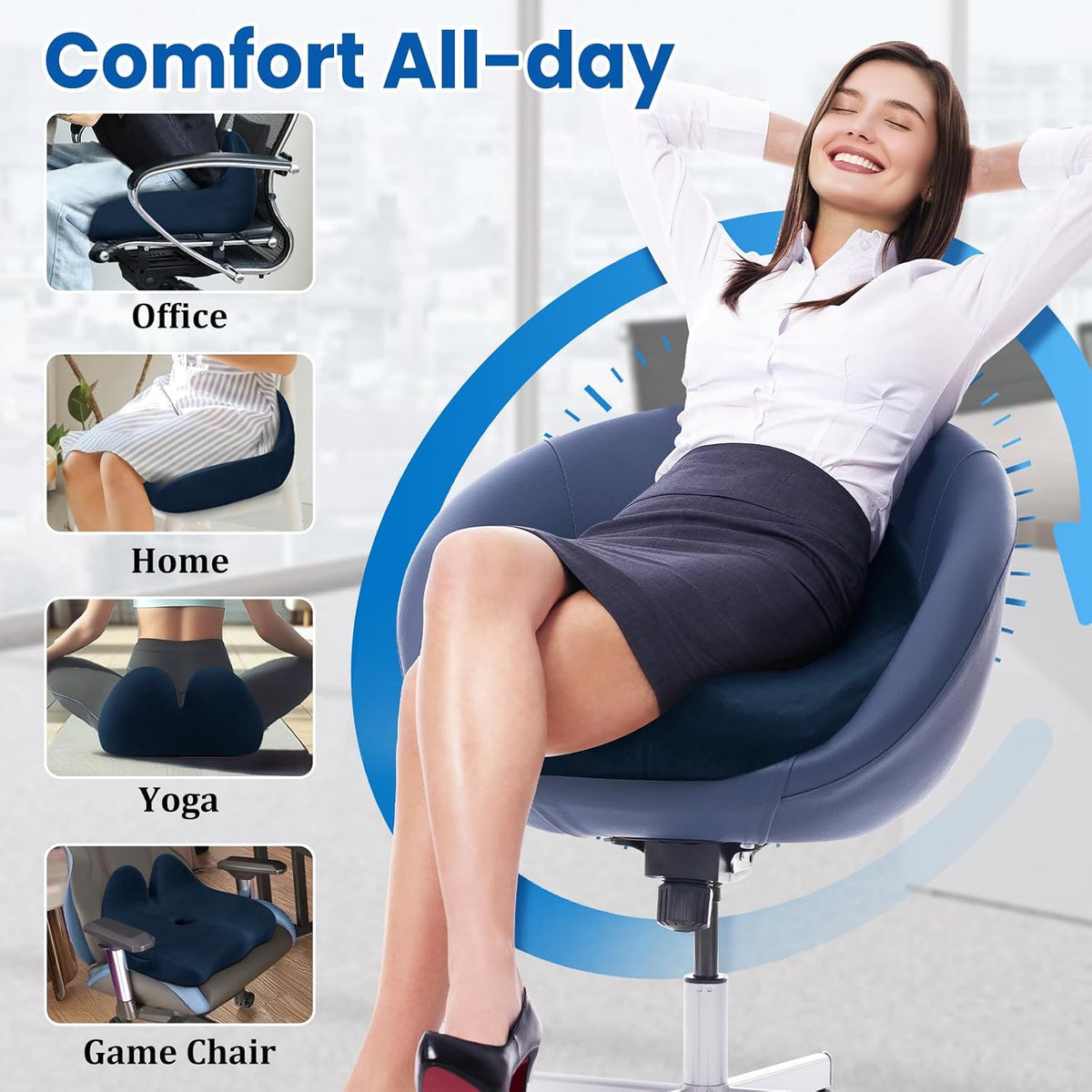 CushZone Ergonomic Seat Cushion, Sciatica Support for Office Chair, Black