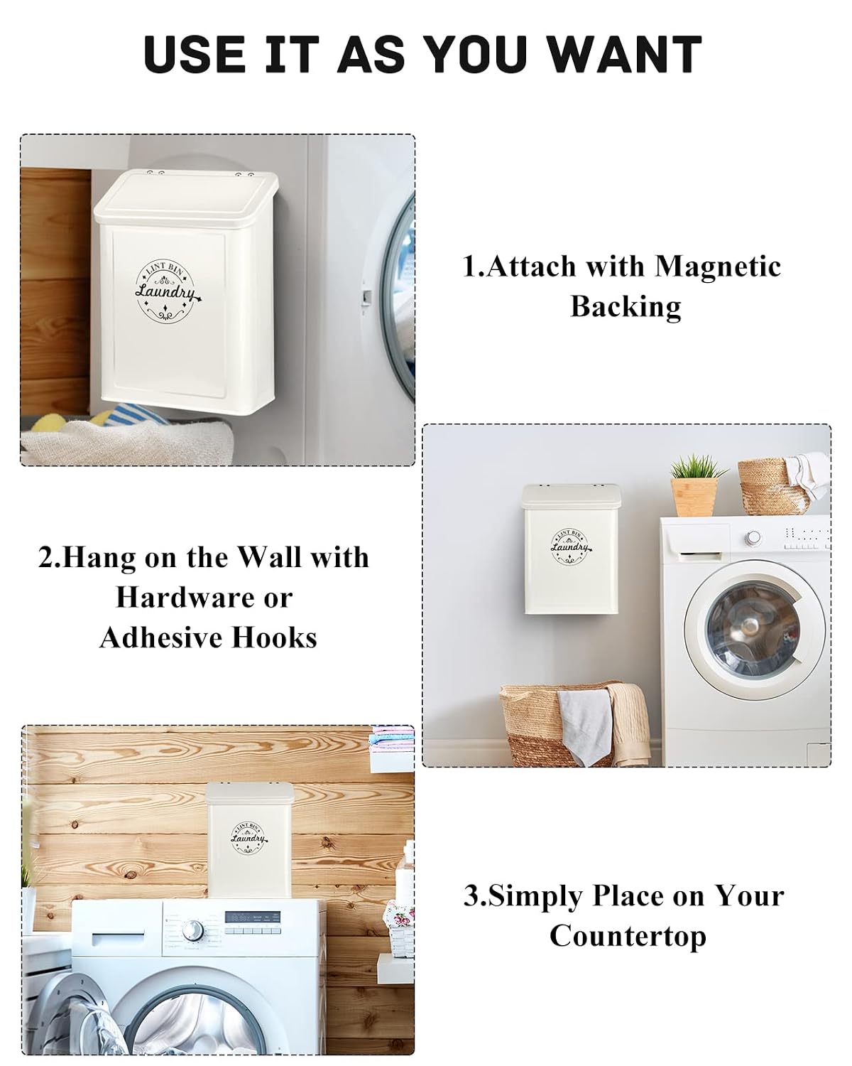 SACREDAY Magnetic Lint Bin for Laundry Room Organization and Storage with Brush, Wall-Mounted Dryer Lint Bin for Room Decor, Space-Saving Trash Can (Cream)