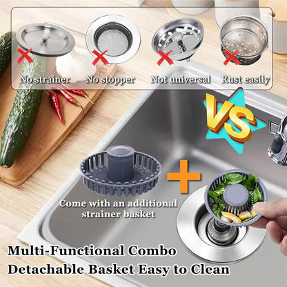BAOLSLS 3 in 1 Kitchen Sink Stopper, Pop Up Kitchen Sink Drain Strainer | with An Extra Basket Strainer, Kitchen Sink Drain Stopper for US Standard 3-1/2 Inch, Chrome Silver