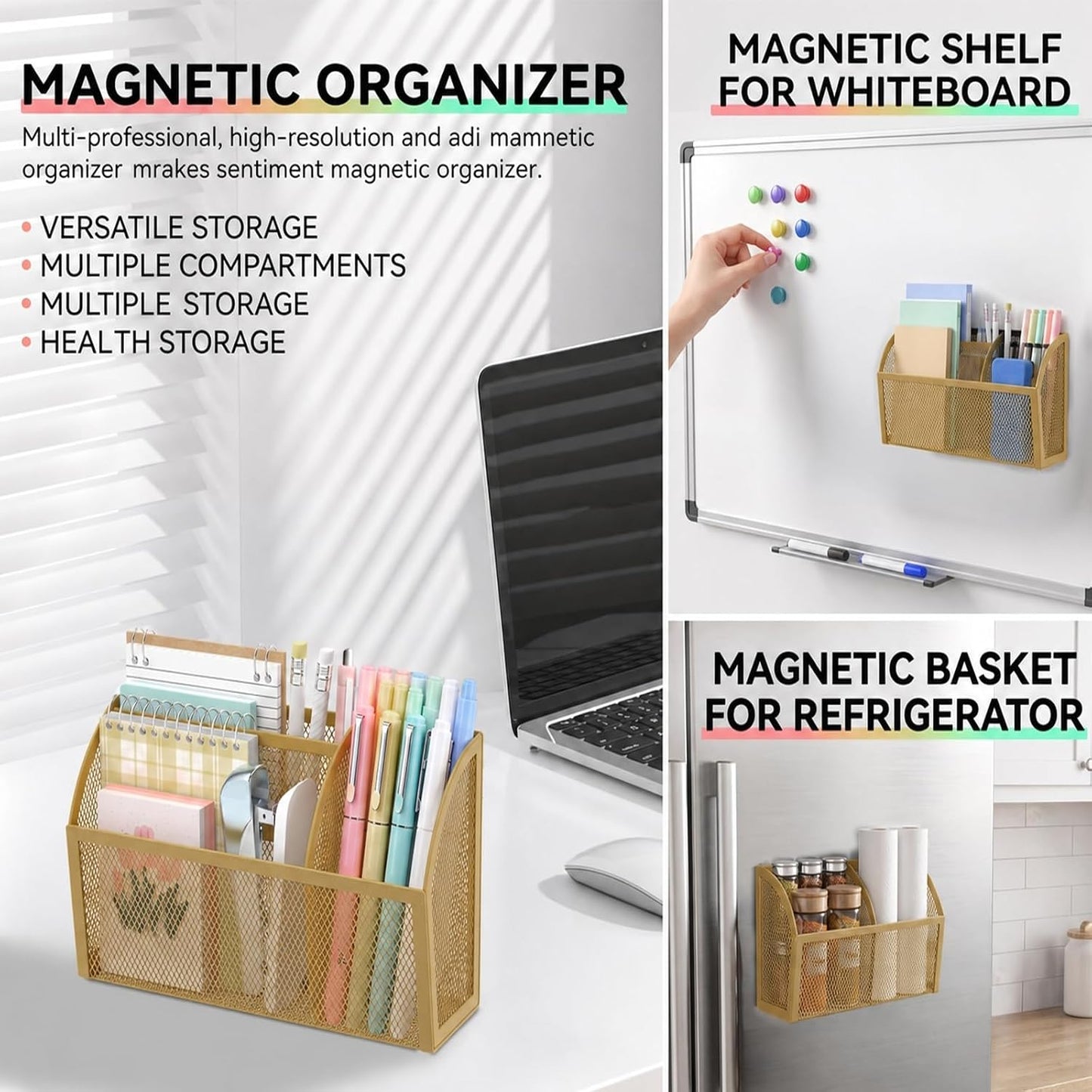 Magnetic Pencil Holder, Magnetic Organizer for Locker Accessories, Black | Mesh Marker Holder with Strong Magnets and 3 Compartments for Whiteboards Refrigerators and Magnetic Lockers