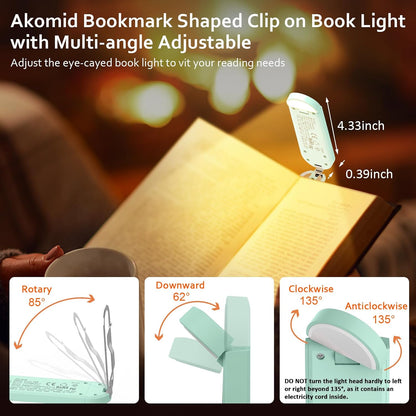 Akomid USB Rechargeable Book Light for Reading in Bed, 8 LEDs Bookmark Style Clip on, Eye-Cared Amber Light Mode for Kids, Blue Light Blocking, Stepless Dimming,Khaki