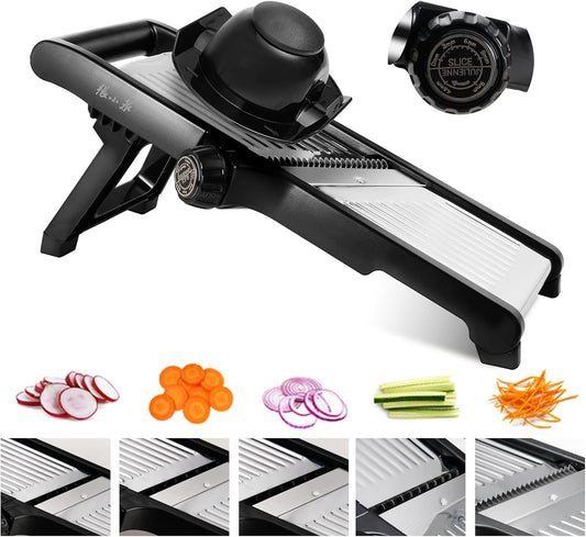 Adjustable Mandoline Slicer 5-in-1 Stainless Steel Vegetable Cutter with Ultra Sharp Blades, Julienne Slicer & Shredder for Potato, Onion