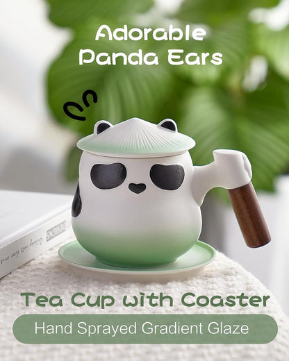 ZENS Tea Infuser Mug with Lid for Loose Leaf Tea Steeper, 11oz Panda | Embossed Ceramic Tea Infuser Mug with Fine Strainer for Herbal Tea Lovers Gifts, Nature Wood Handle