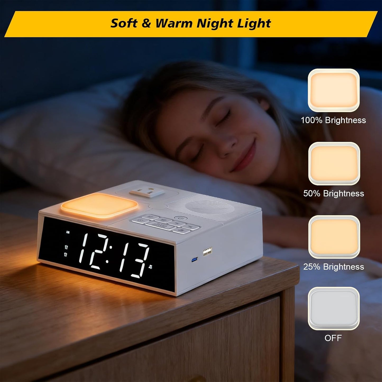 Digital Alarm Clock Sound Machine with 41 Sounds, Dual Alarms, Night Light