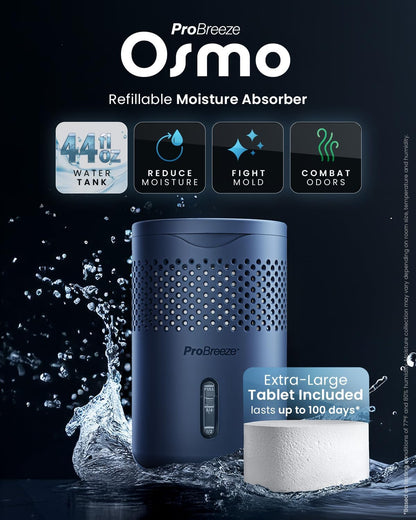 Pro Breeze Osmo Non-Electric Moisture Absorber, 44 fl.oz, Included 1.54lb Refillable Tablet, Lasts 100 Days, Ideal Silent Mini Dehumidifier for Closet, Bathroom & Bedroom, Fragrance Free, White