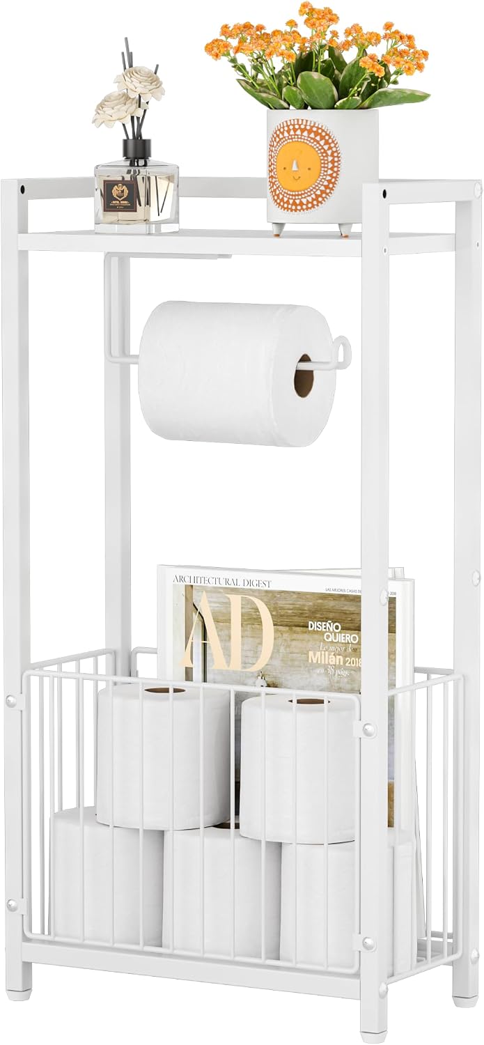 Freestanding Toilet Paper Holder with Storage Shelf | Bathroom Tissue Stand with Space for Phone, Tablet, and Magazines – All-in-One Toilet Roll Dispenser and Organizer