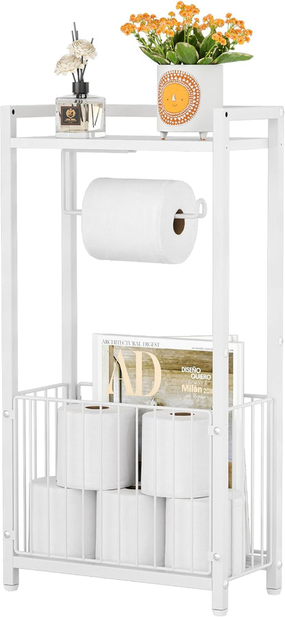 Freestanding Toilet Paper Holder with Storage Shelf | Bathroom Tissue Stand with Space for Phone, Tablet, and Magazines – All-in-One Toilet Roll Dispenser and Organizer