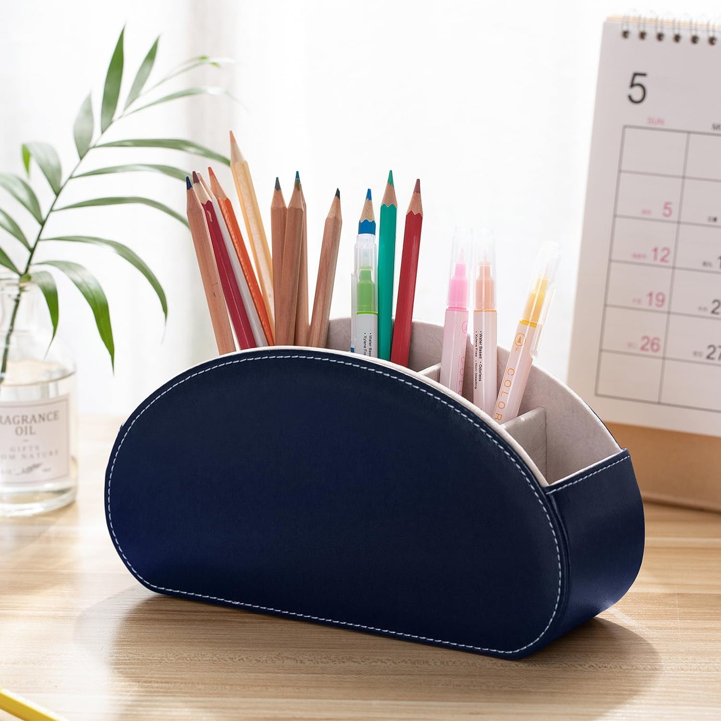 Remote Control Holders Organizer Box with 5 Compartment PU Leather Caddy | Multi-functional Office Desk Storage Caddy Store Tv Remote for Media Player,Brush,Pencil,Glassees&Office Supplies