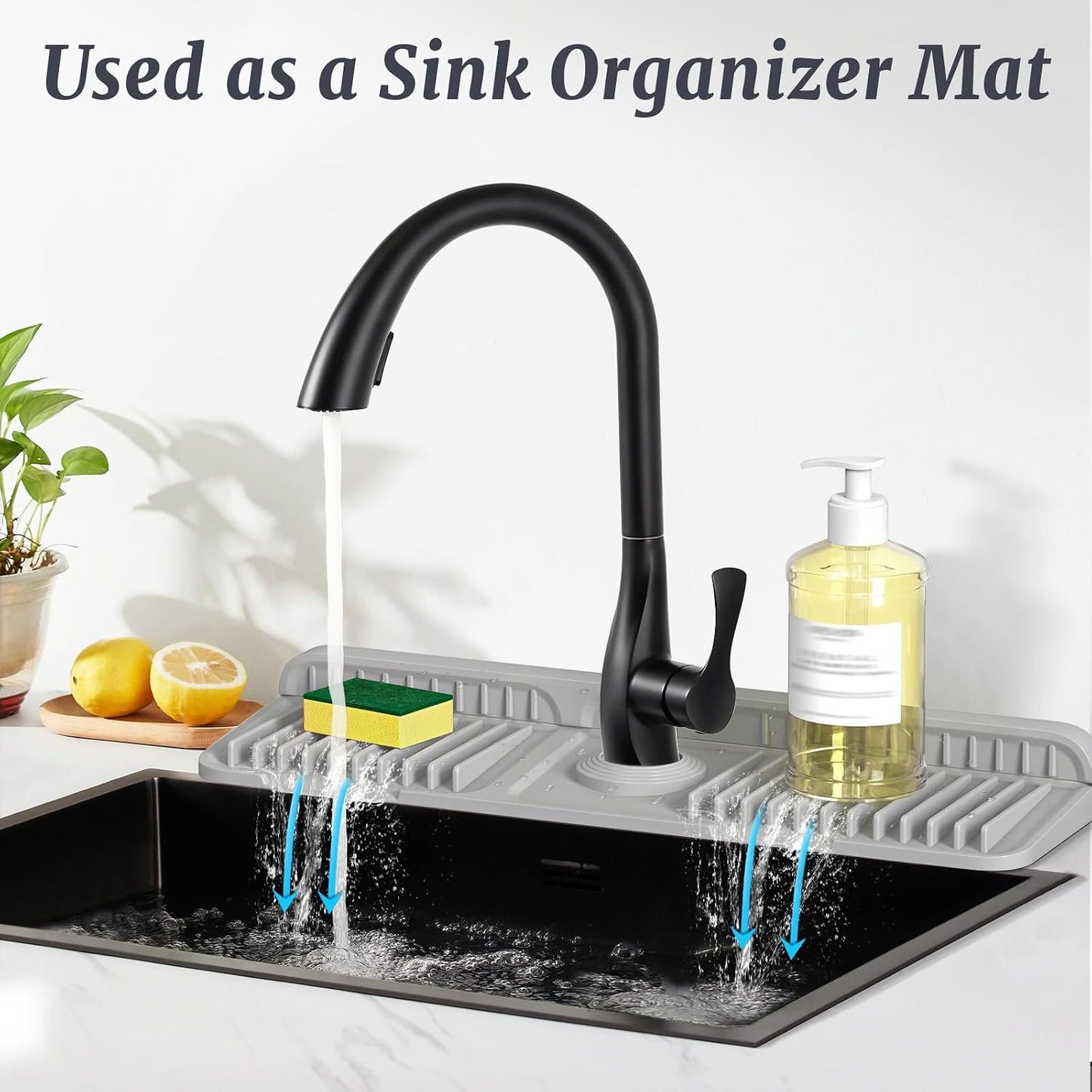 PoYang 24 Inch Faucet Mat for Kitchen Sink Splash Guard, Silicone, Black | Sink Protectors with 7° Slope for Smooth Drainage, Snap Button Holds It in Place, 90° Foldable & Cuttable Hole Fit Most Sinks