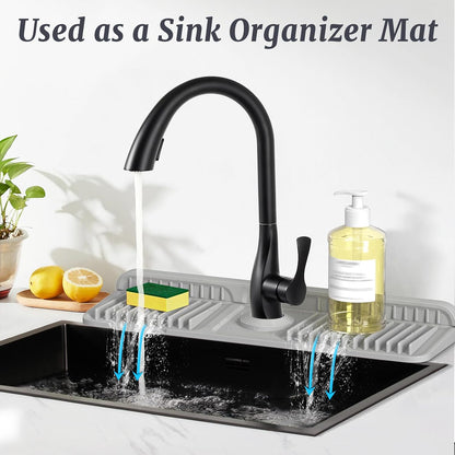 PoYang 24 Inch Faucet Mat for Kitchen Sink Splash Guard, Silicone, Black | Sink Protectors with 7° Slope for Smooth Drainage, Snap Button Holds It in Place, 90° Foldable & Cuttable Hole Fit Most Sinks