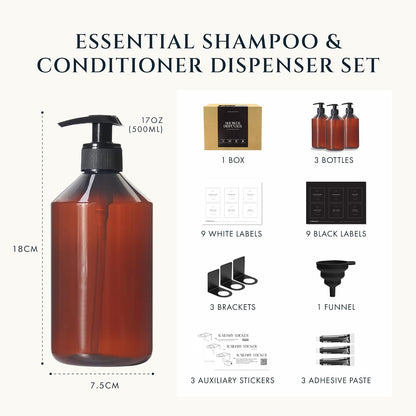 FINESSY Amber Shampoo and Conditioner Dispenser for Shower Wall No Drill | 3 Plastic 17oz Fillable Shower Bottles With Labels. Shower Shampoo Dispenser Wall Mounted. Airbnb Empty Soap Pump Bottles.