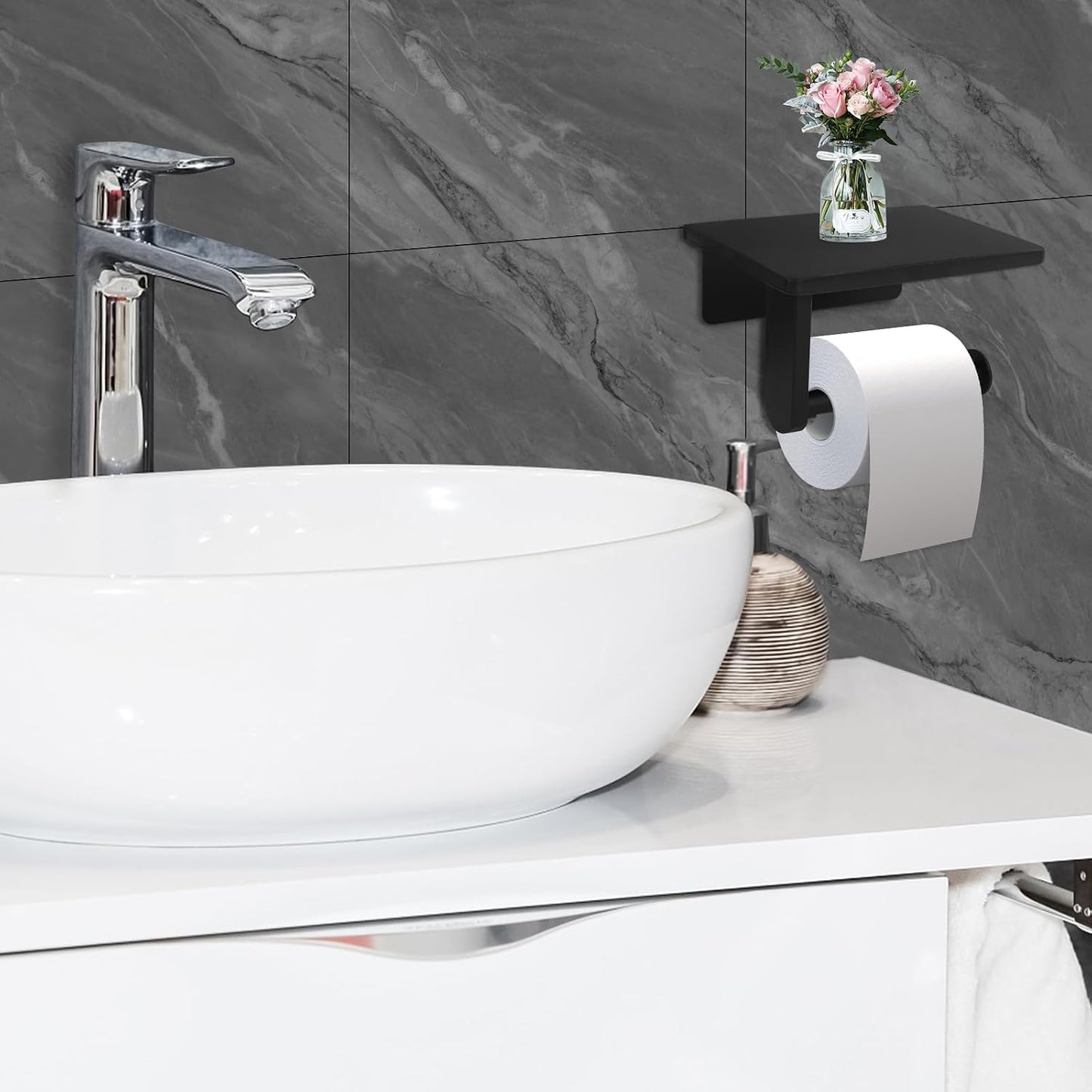 Toilet Paper Holder with Natural Marble Shelf for Bathroom Washroom,Wall Mounted Tissue Holder Suitable for Mega Roll (Brushed Nickel,Small 6.7 * 4.3 in)