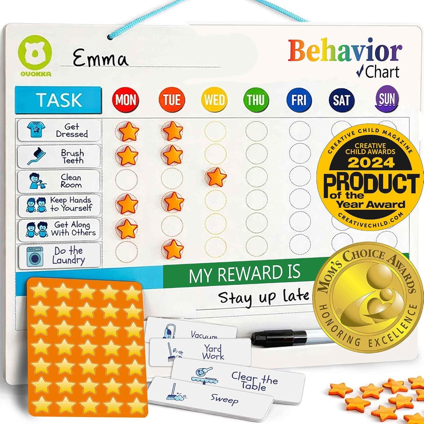 Magnetic Chore Chart for Kids - Reward Behavior Chart for Kids at Home | Dry Erase Morning Routine Schedule Board - Responsibility Star Chart for Toddlers 3-5 - 48 Magnets and 49 Stars