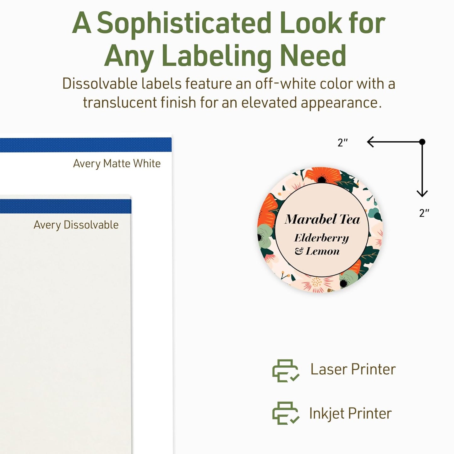 Avery Dissolvable Round Labels, Sure Feed Technology, 2" Diameter, Matte White, Print-to-The-Edge, Laser/Inkjet Printable, 60 Labels Total