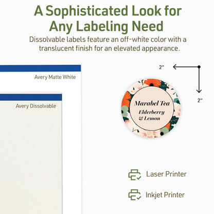 Avery Dissolvable Round Labels, Sure Feed Technology, 2" Diameter, Matte White, Print-to-The-Edge, Laser/Inkjet Printable, 60 Labels Total