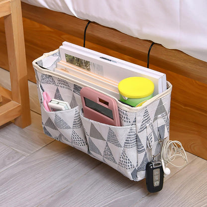 Bedside Caddy, Large Capacity Hanging Bedside Organizer with Side Hooks and 2 Pockets,Durable Versatile Bedside Caddy for Dorm Bed Phone Hospital College Magazine Remote Control Laptop Books (Grey)