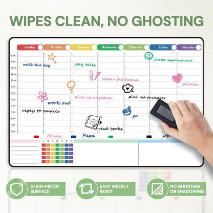 POPRUN Dry Erase Weekly Calendar Whiteboard, Magnetic Hourly Schedule Board | 16.9 x 11" Weekly Planner for Fridge, Time Slots, Family Daily Planning for Refrigerator, Homeschool, Work