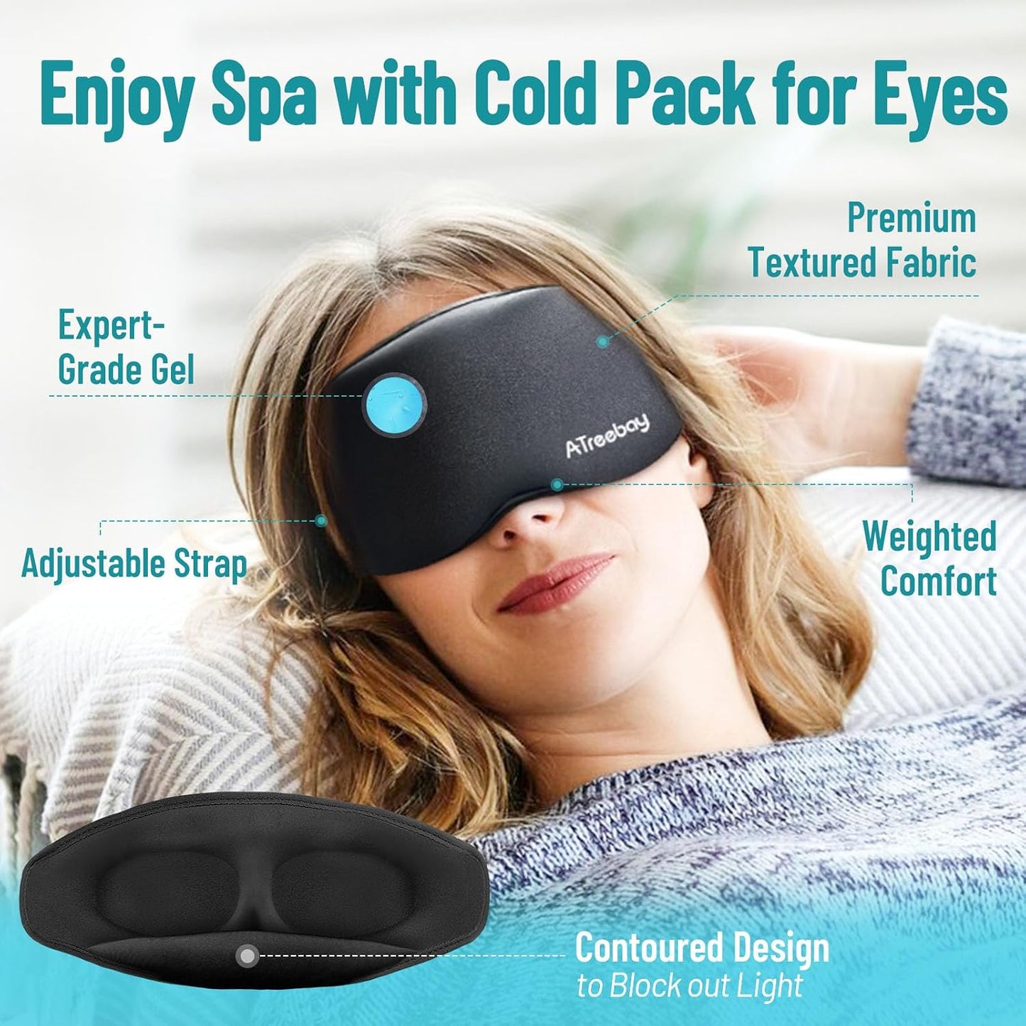 3D Gel Cooling Eye Mask, Weighted Eye mask for Sleeping, 3D Contoured Cup No Pressure Night Blindfold Sleep Mask, Ice Cold Pack Eyes Cold Compress for Puffy Eyes, Dark Circle, Light Blue
