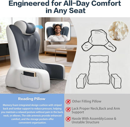 Reading Pillow- Memory Foam Back Pillow for Bed Sitting Up, Ergonomic Lumbar Support Cushion with Arms for Reclining, Gaming, Working, Resting, Watching TV﻿ (Grey)
