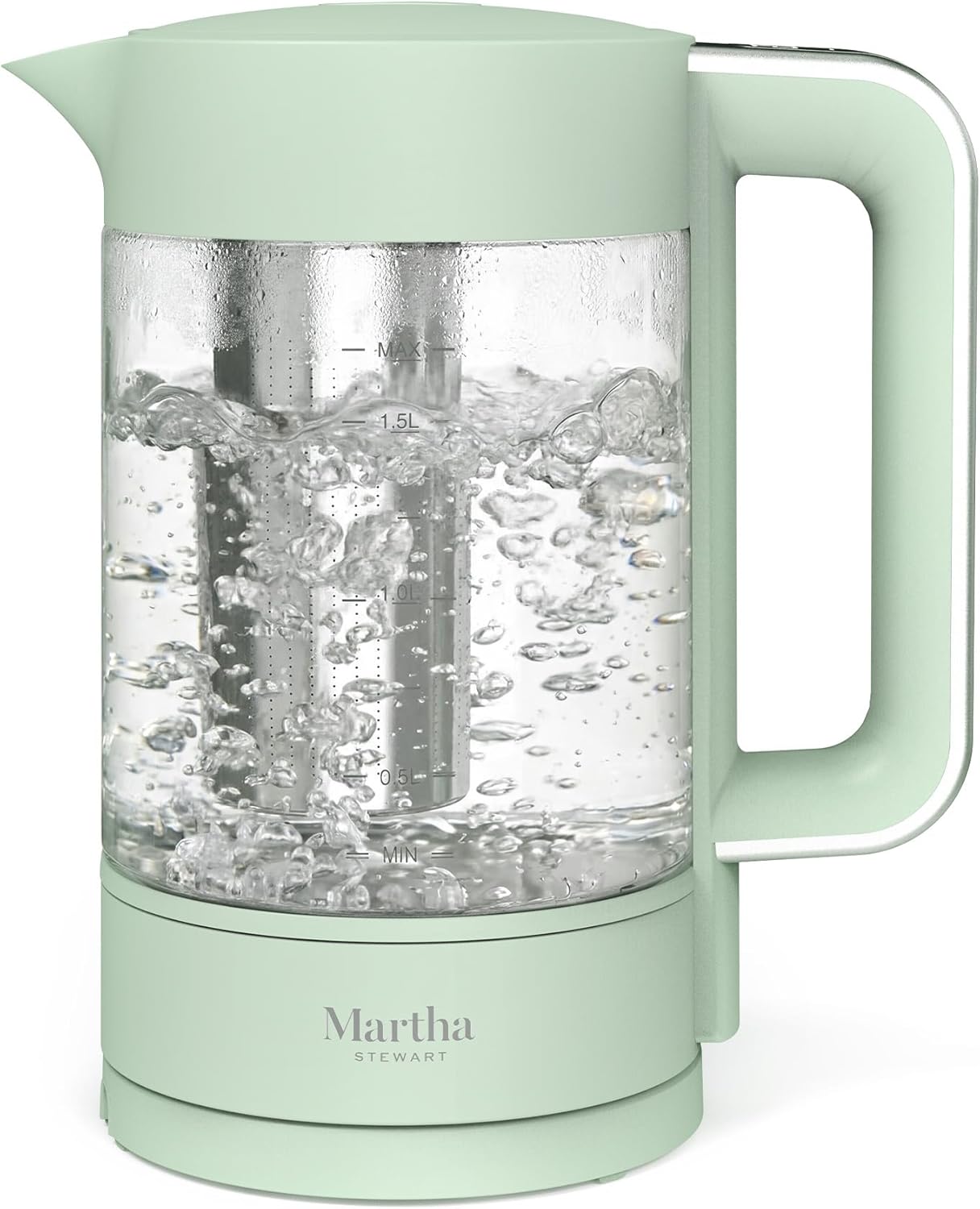Martha Stewart 1.7L Glass Carafe Electric Kettle with Removable Tea Infuser | 7 Cups, 4 Presets, Rapid Boiling, Stainless Steel Tea Leaf Infuser, Cordless Swivel Base, Keep Warm, Auto Shut-Off, Linen