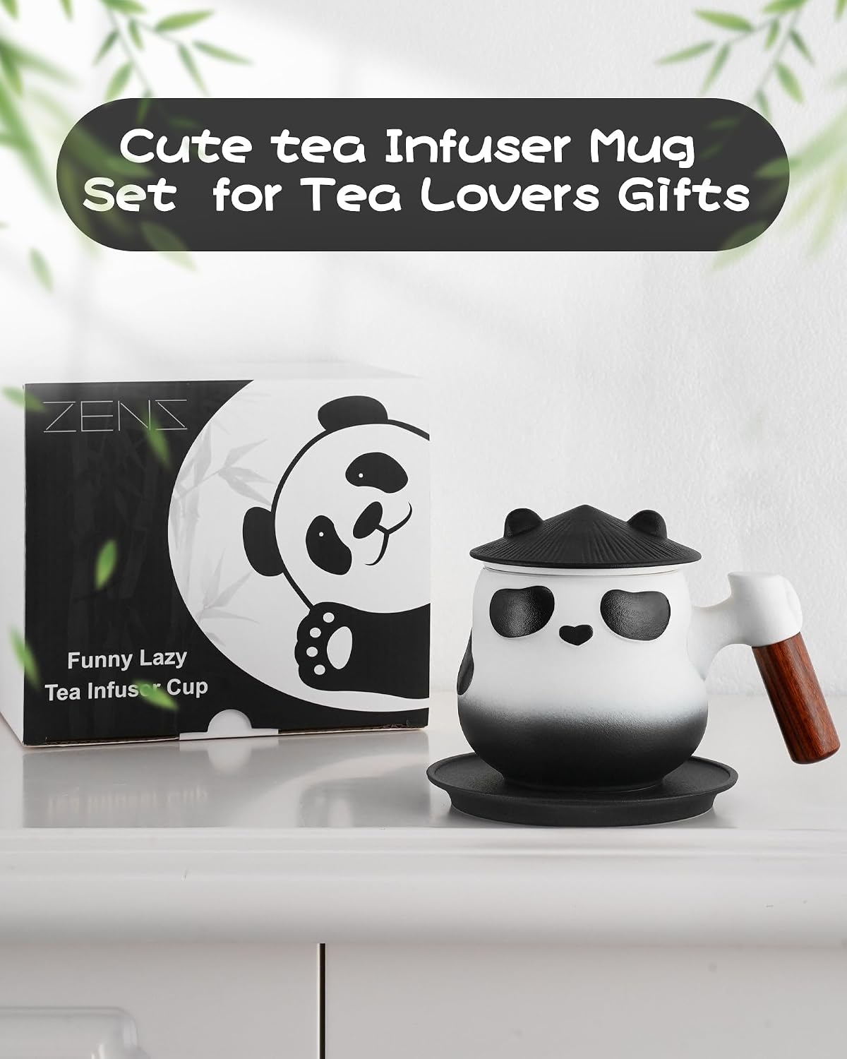 ZENS Tea Infuser Mug with Lid for Loose Leaf Tea Steeper, 11oz Panda | Embossed Ceramic Tea Infuser Mug with Fine Strainer for Herbal Tea Lovers Gifts, Nature Wood Handle