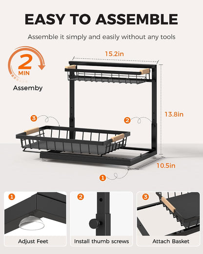 2-Pack 2-Tier Height Adjustable Under Sink Organizer & Storage | Multi-purpose storage for kitchen & bathroom cabinet. Large black shelf, height adjustable design for space-saving.