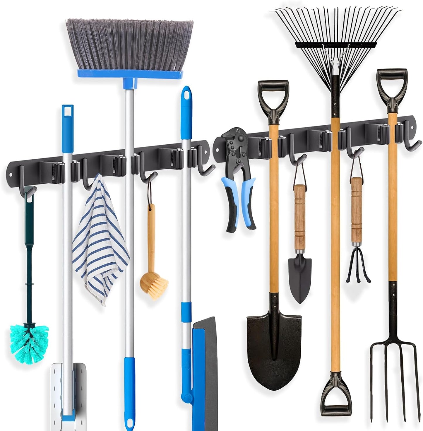 ZONGOOL 2 Pack Mop Broom Holder Wall Mount 4 Racks 5 Hooks Storage Black | 304 Rustproof Stainless Steel Broom Hanger, Non-Slip Wall Mount Organizer, Space Saving For Kitchen, Laundry, Garden