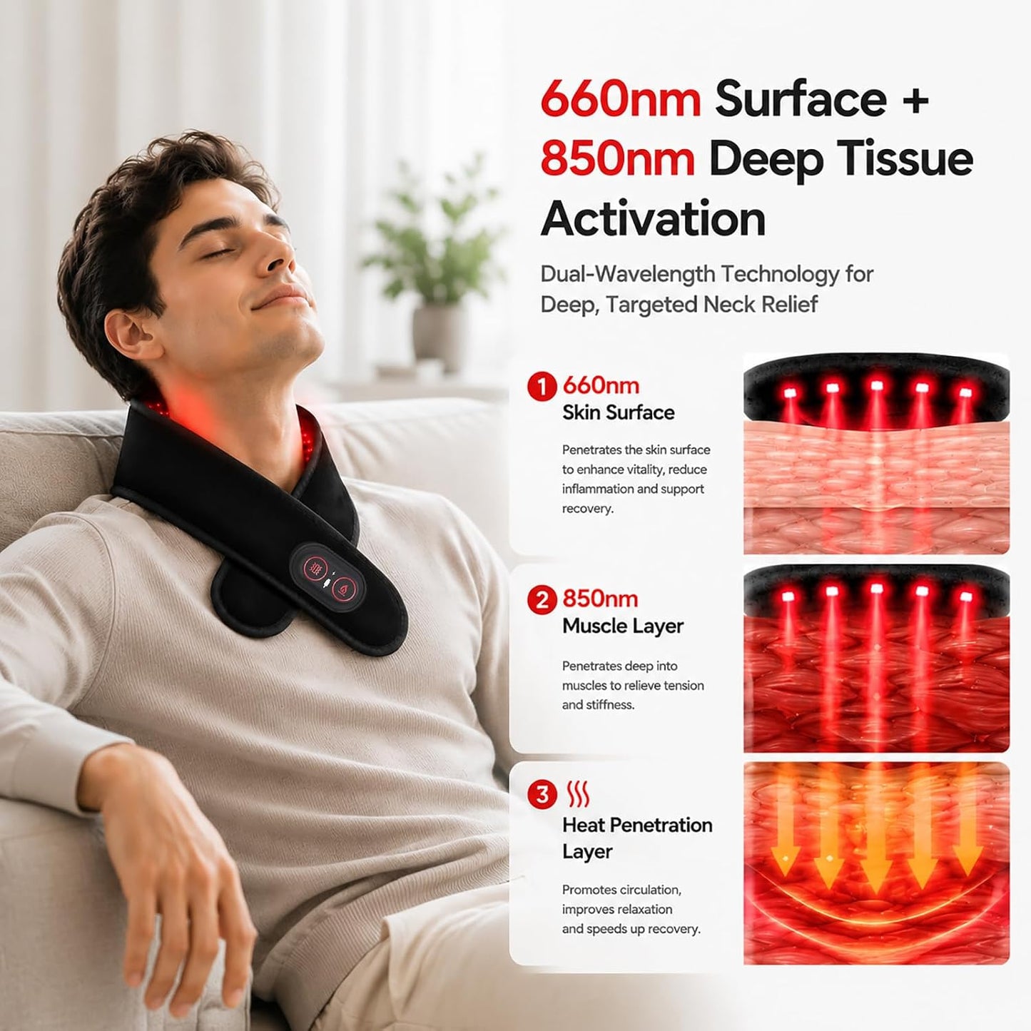 Cordless Neck Heating Pad with Red Light Technology, Neck Massager with 3 Heat Levels & Massage Modes, 3000mAh Rechargeable Heated Massager with 660nm 850nm Red Light, Black