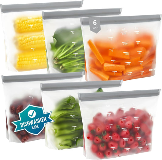 IDEATECH Reusable Bags Dishwasher Safe, BPA Free Reusable Gallon Freezer Bags, Stand Up Leakproof Food Storage Bags for Marinate Meats, Salad Fruit, Vegetables, Home Organization -Gray 6 Large Bags