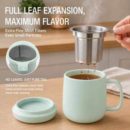 Tealyra - Sumo Porcelain Loose Tea Steeping Mug - 15oz/450 ml Ceramic Tea Cup with Infuser and Lid/Coaster - Extra Fine Stainless Steel Infusion Strainer - For Home or Office - Yellow