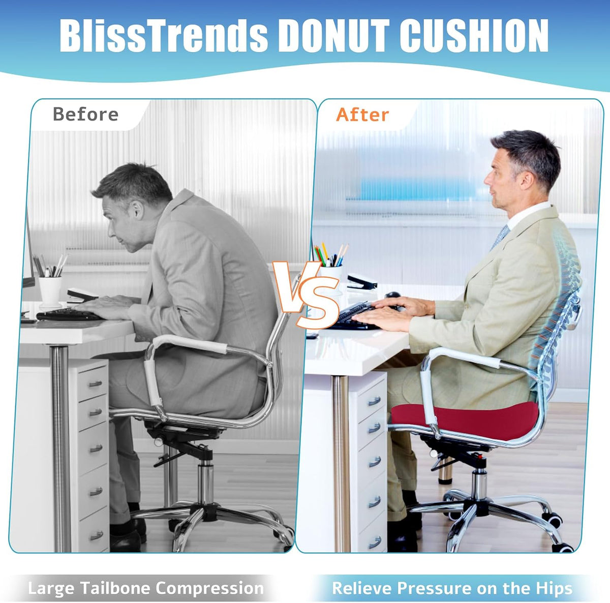 BlissTrends Donut Pillow Seat Cushion, Memory Foam Lifting Cushions(Black)
