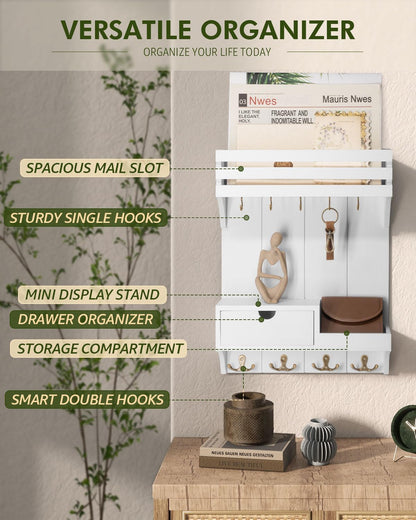 Rebee Vision Key Holder Wall Mount with Drawer Organizer for Entryway,Brown | Pine Wood, 6 Key Hooks, Display Shelf for Plants, Mail Slot for Storage Letter, Multi-Funtional Design, Home Storage