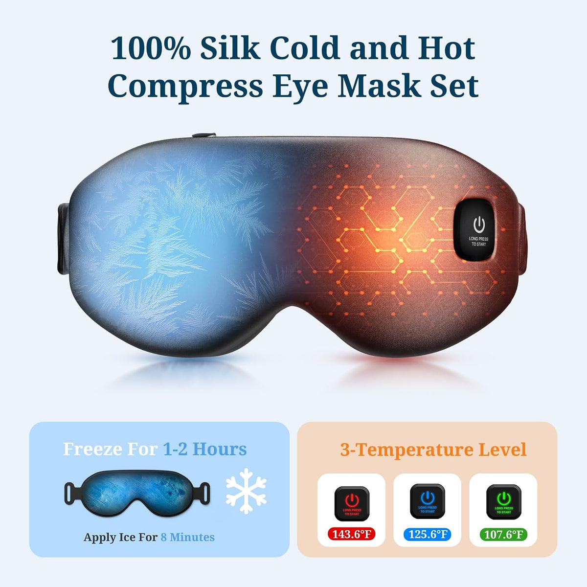 100% Silk Wireless Heated Eye Mask with Cooling & Washable Shells-Blue