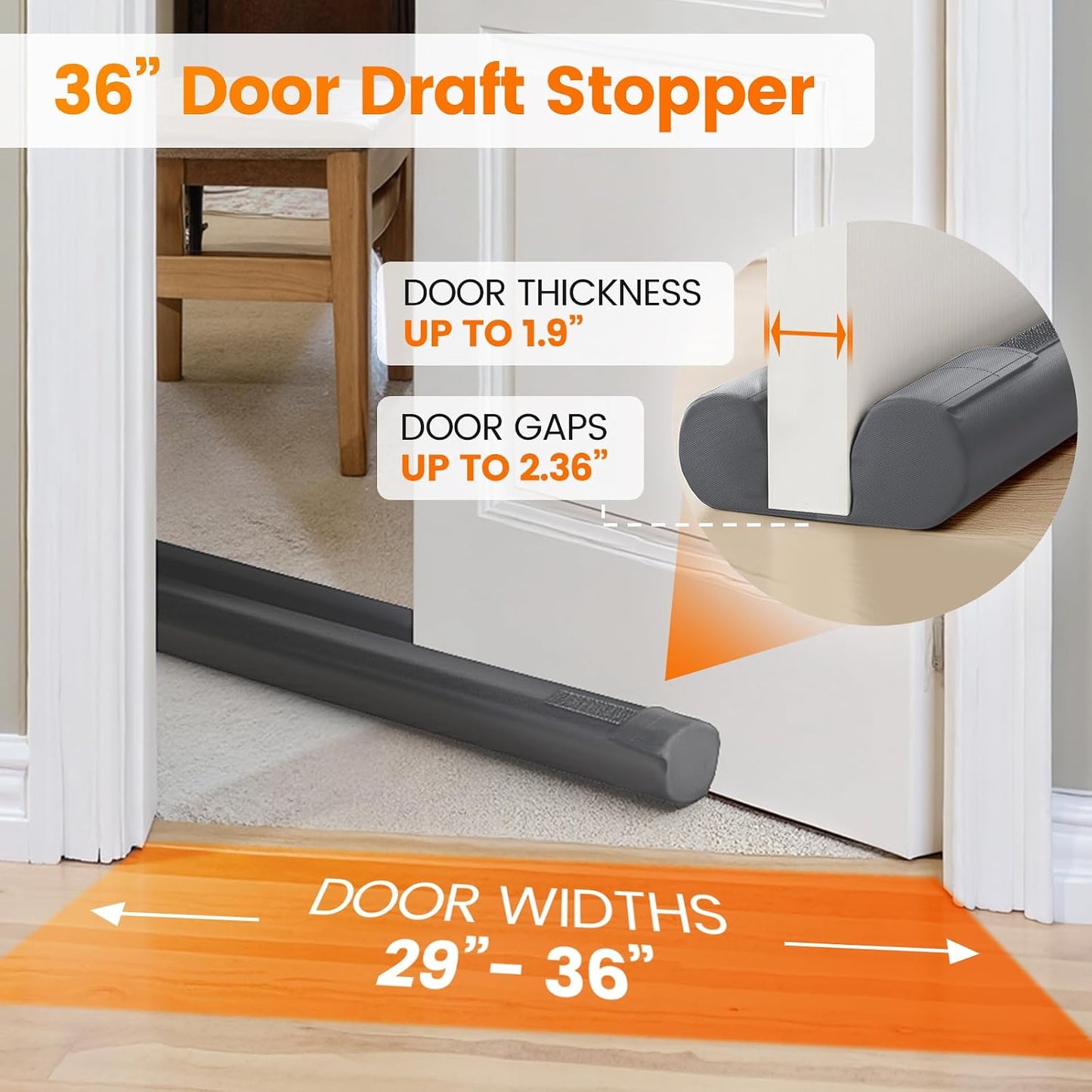 Door Draft Stopper, Under Door Draft Stopper for Bottom, 36 in, Black | Adjustable Size, Covers Gap up to 2.36 in, Easy Install, Blocks Cold air, Light, Reusable, for Bedrooms & Kitchen