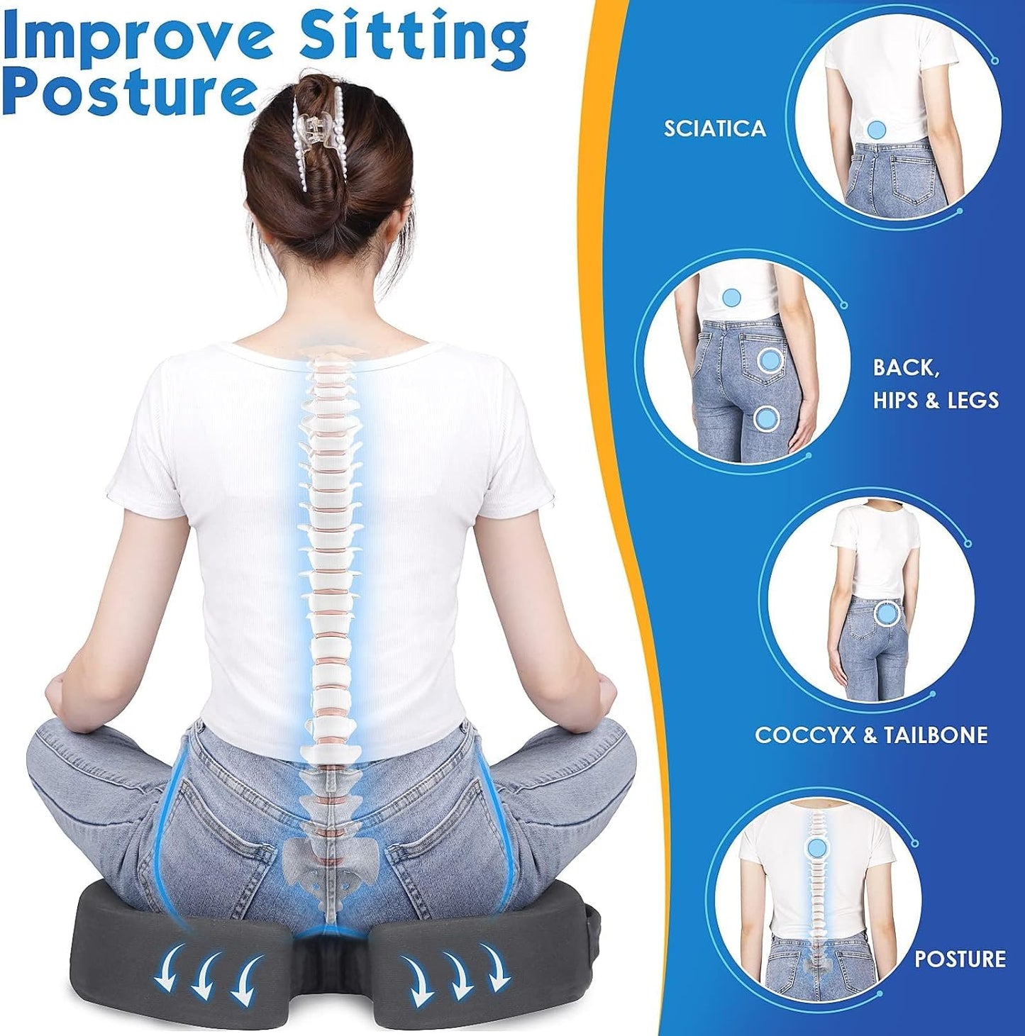 TushGuard Seat Cushion for Office Chair, Car, Memory Foam, Black Large | For Back, Coccyx, Sciatica, Tailbone Pain, Ergonomic Design, Non-Slip, Desk Wheelchair Use, Supportive Butt Pillow, For Man