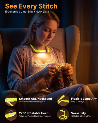 Neck Reading Light Book Lovers Gifts, Rechargeable 80Hrs Eye-friendly 3 Colors & Stepless Dimming Book Light for Reading, Christmas Stocking Stuffers for Men Women Camping Knitting Crochet Accessories