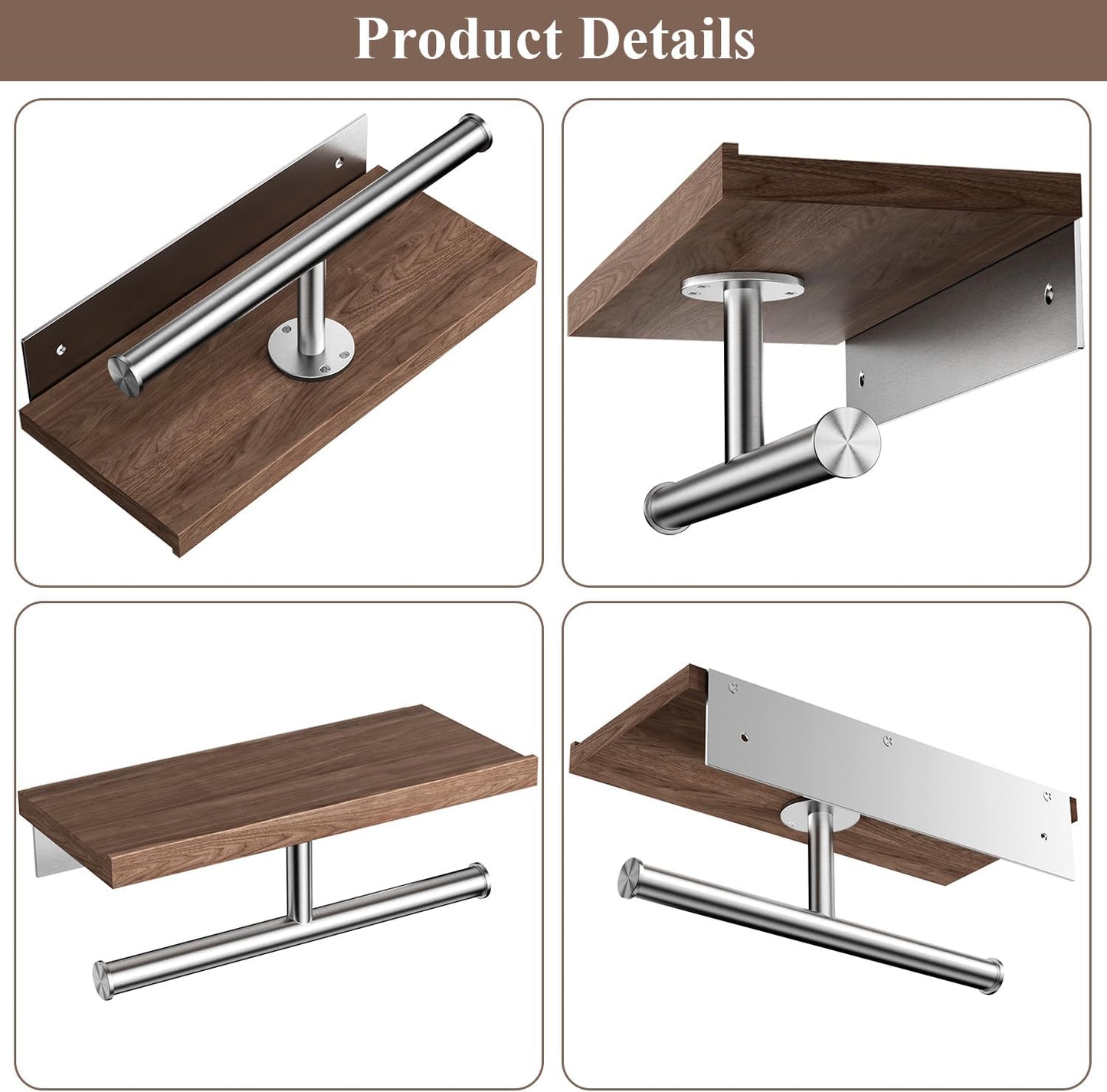 Tindbea Toilet Paper Holder with Wood Shelf, Wooden Wall Mount Tissue Paper Roll Holder, Matte Black Stainless Steel Bathroom Accessories Decor Household Home Apartment Restroom Essentials (Walnut)