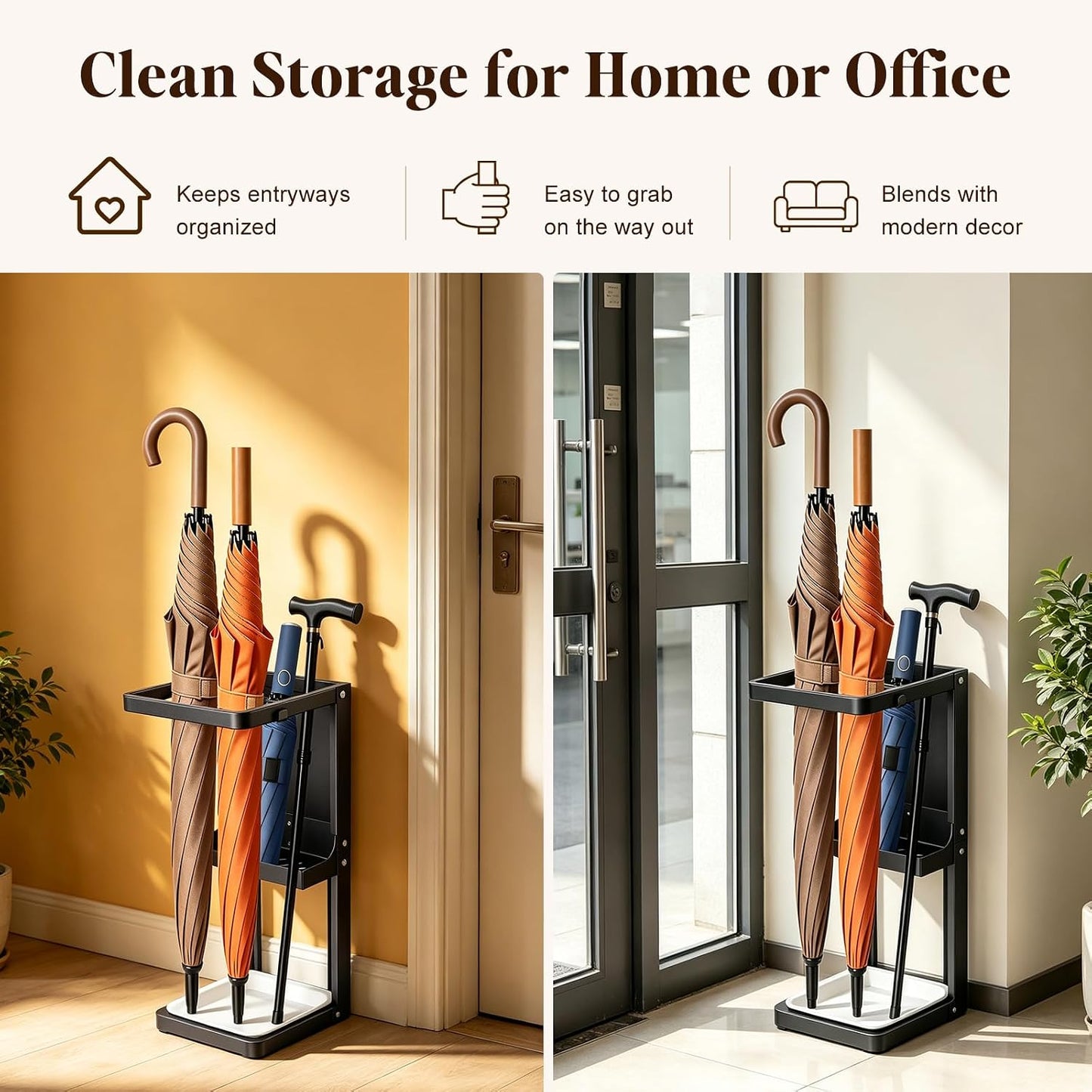 Umbrella Stand for Entryway, Sturdy Metal Umbrella Holder Indoor with Removable Drip Tray, Small Umbrella Rack for Long and Compact Umbrellas, Black Umbrella Storage Stand for Home Office