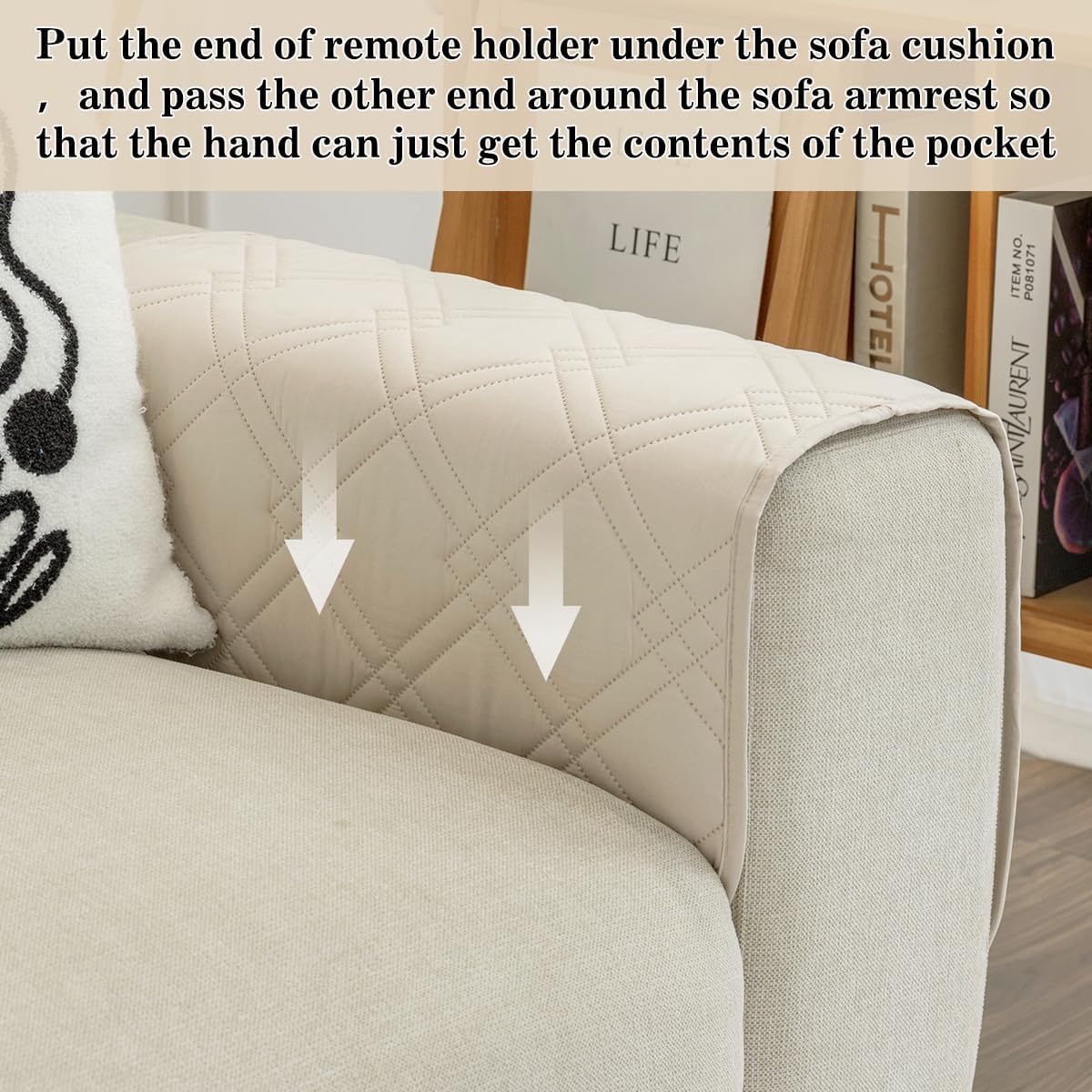 Couch Armrest Organizer Remote Control Holder Bedside Caddy with 6 Pockets, Non-Slip Armchair Caddy Sofa Armrest Organizer for Tv Remote Control, Magazine, Cell Phone, Beige