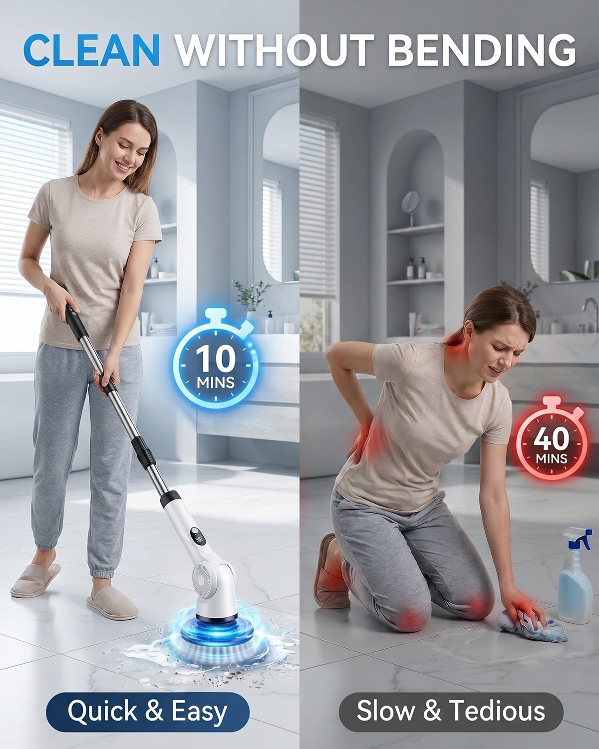 Electric Spin Scrubber, 3-Speed Shower Scrubber with Long Handle & 10 Replaceable Brush Heads, Cordless Full-Body IPX7 Waterproof Shower Cleaner Brush with 90 Mins Runtime for Bathroom