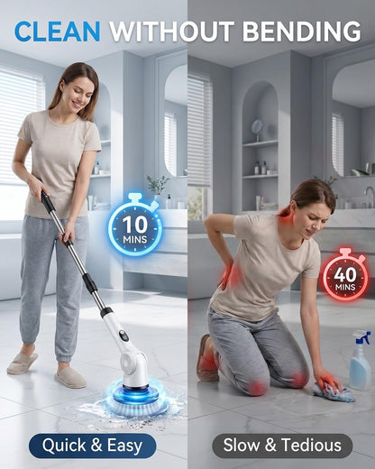 Electric Spin Scrubber, 3-Speed Shower Scrubber with Long Handle & 10 Replaceable Brush Heads, Cordless Full-Body IPX7 Waterproof Shower Cleaner Brush with 90 Mins Runtime for Bathroom